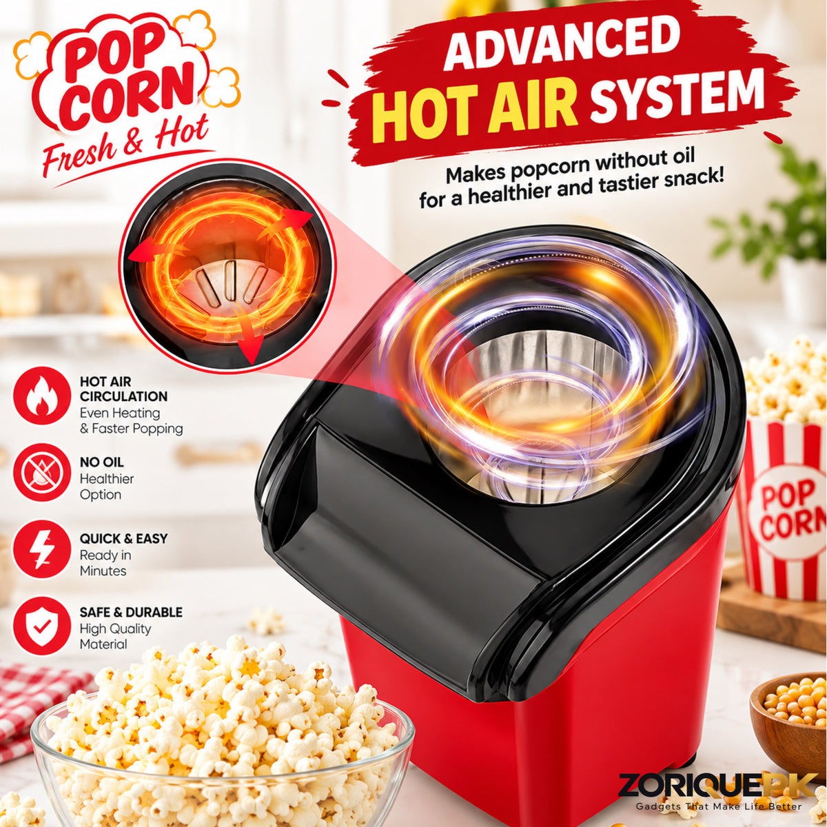 Hot Air Popcorn Maker – Electric Oil-Free Popcorn Machine
