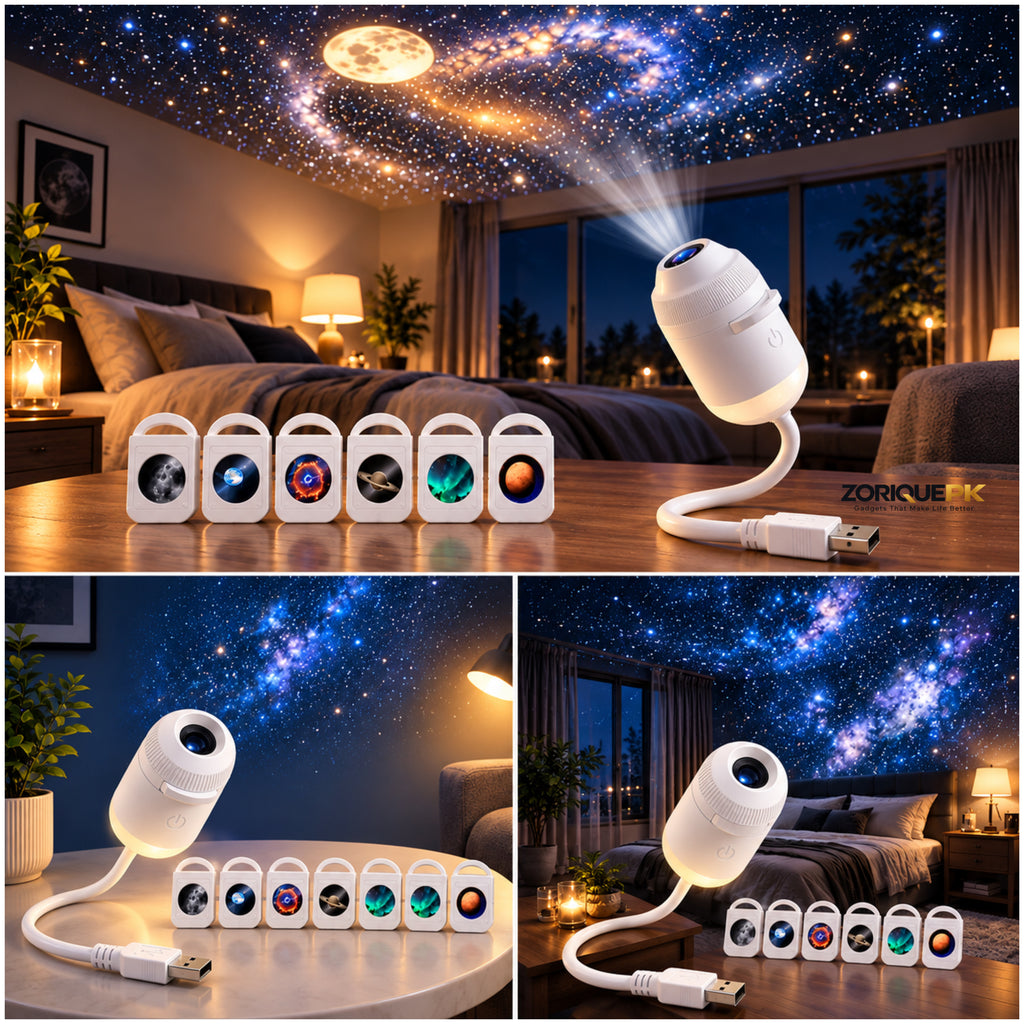 2-in-1 USB Galaxy Star Projector Night Light – 6 Lenses | Adjustable Focus & Flexible Gooseneck