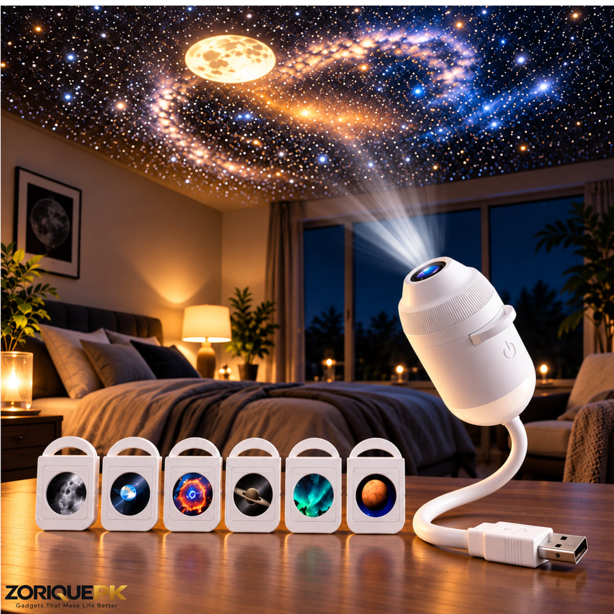 2-in-1 USB Galaxy Star Projector Night Light – 6 Lenses | Adjustable Focus & Flexible Gooseneck