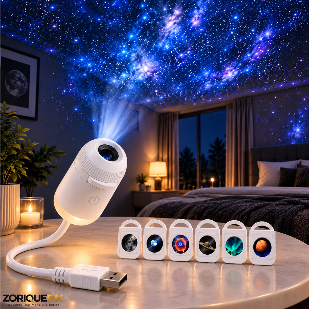 2-in-1 USB Galaxy Star Projector Night Light – 6 Lenses | Adjustable Focus & Flexible Gooseneck