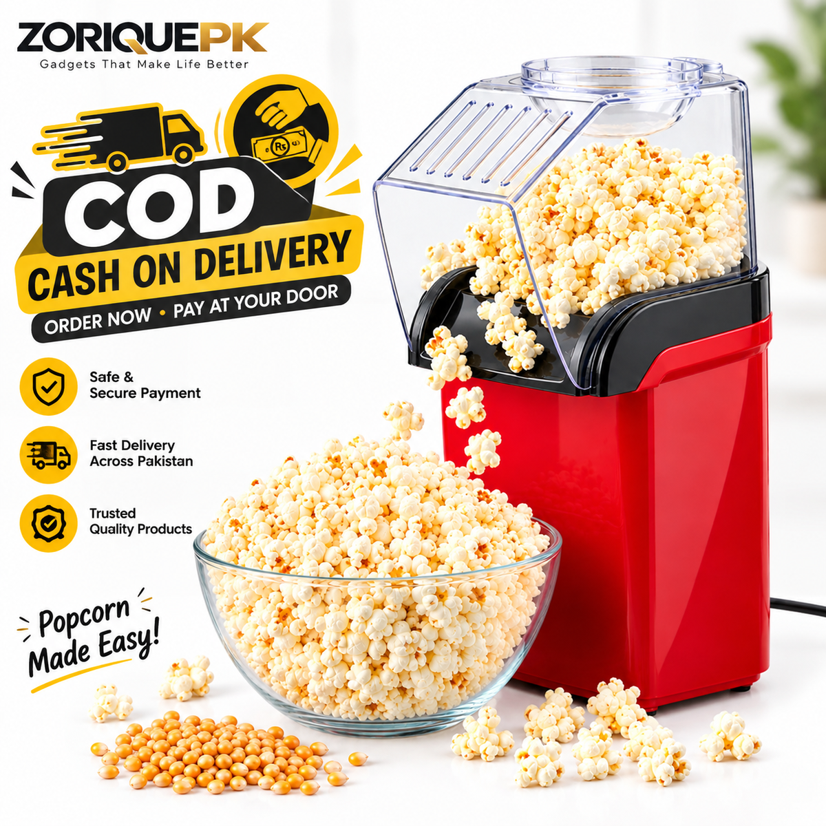 Hot Air Popcorn Maker – Electric Oil-Free Popcorn Machine